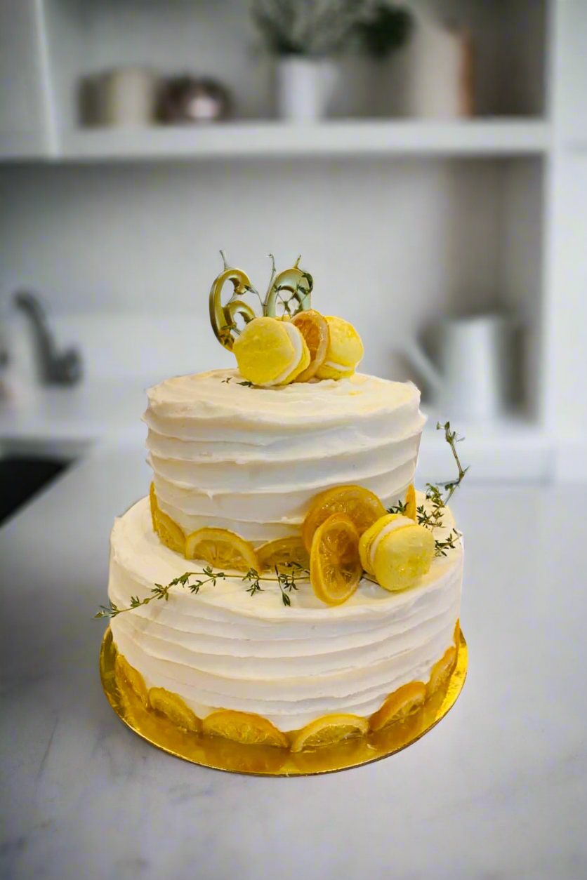 Two-tier lemon cake with white frosting, decorated with candied lemon slices, yellow macarons, fresh thyme sprigs, and a gold ‘66’ topper, placed on a gold cake board.